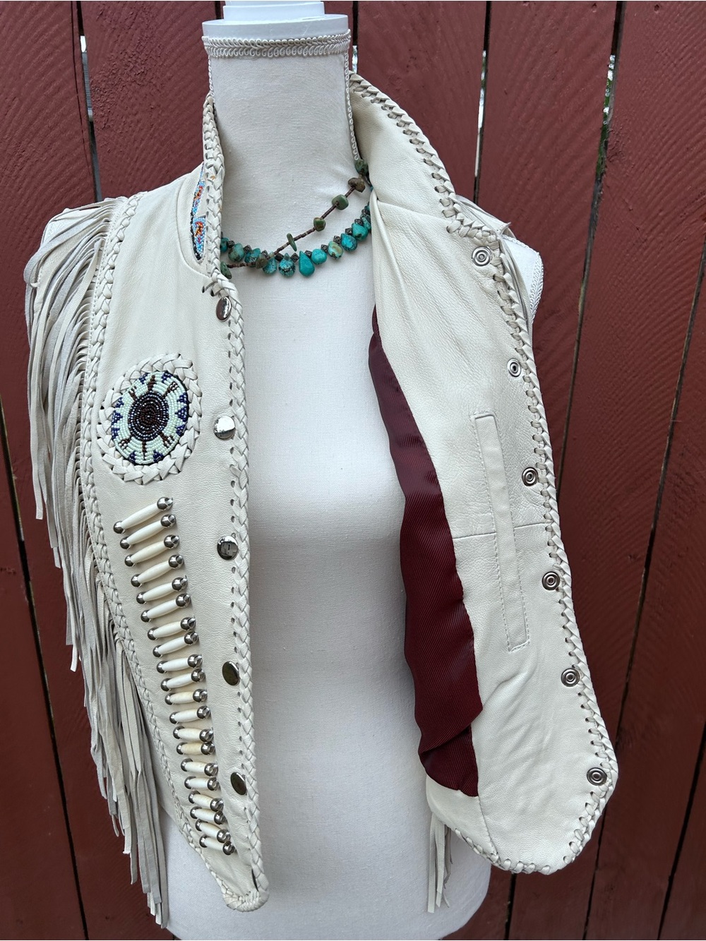 Ivory Fringe Leather Vest with Beaded Accents - Picture 4 of 8